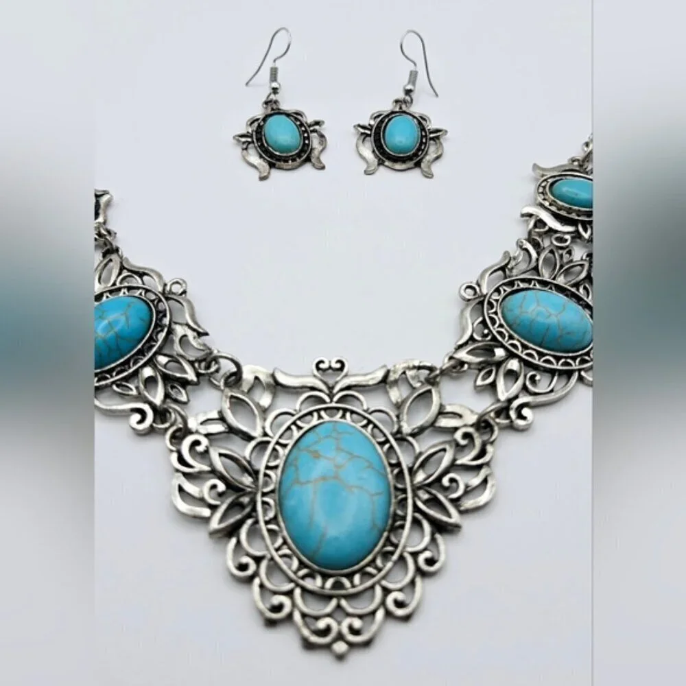 Turquoise Statement Necklace Set Silver Boho Western Bib Earrings Vintage